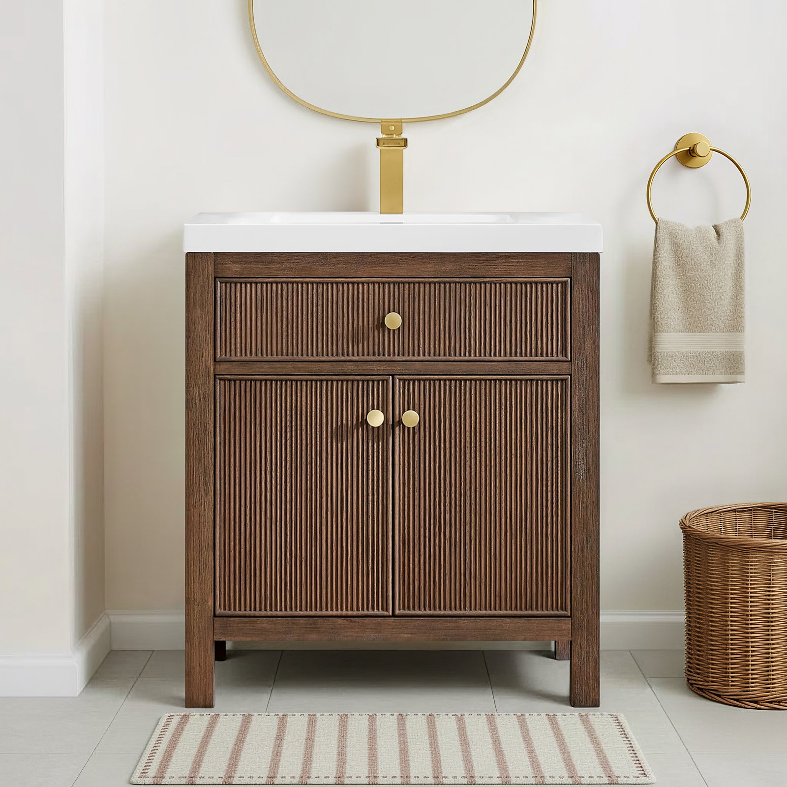 Lala 30" Single Bathroom Vanity in Engineered Stone Integrated Sink without Mirror, Brown Brushed Oak
