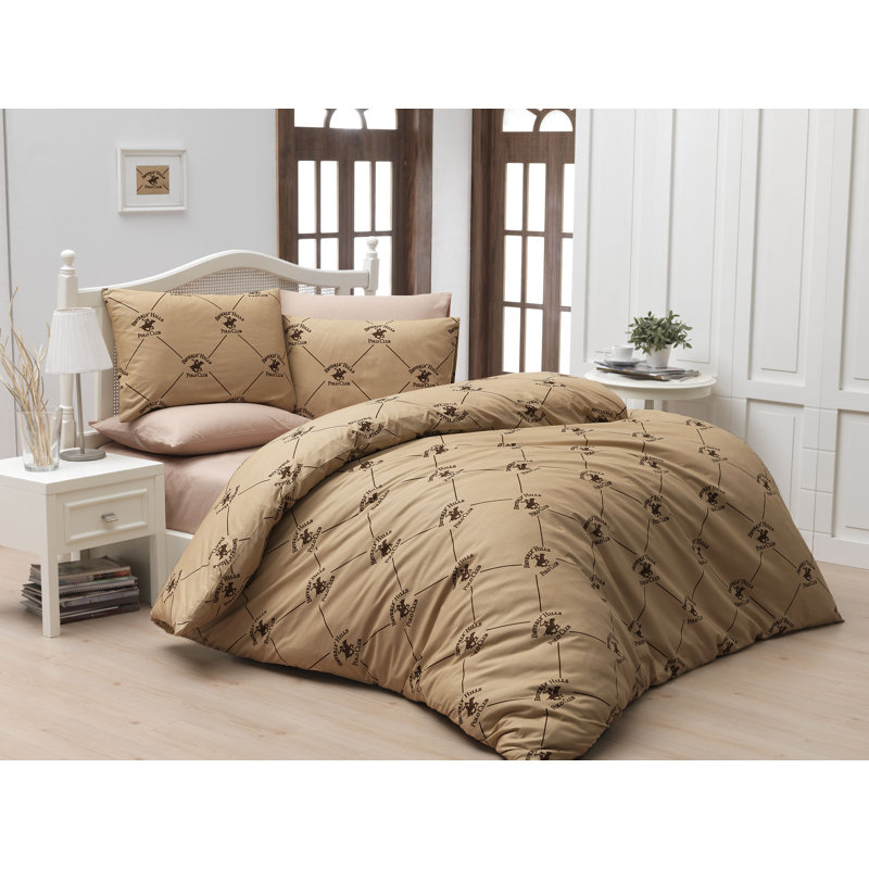 Ensemble de housse de couette 100% coton, Beige, Housse de couette double + 2 taies d'oreiller 24 p