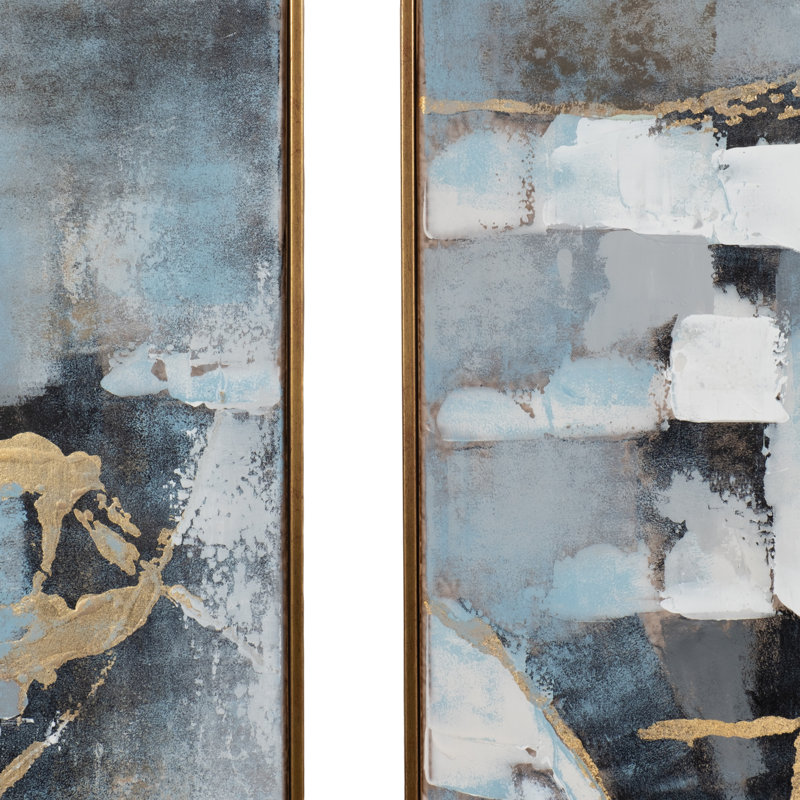 51" x 21" Blue and Gold Abstract Oil Painting on Canvas
