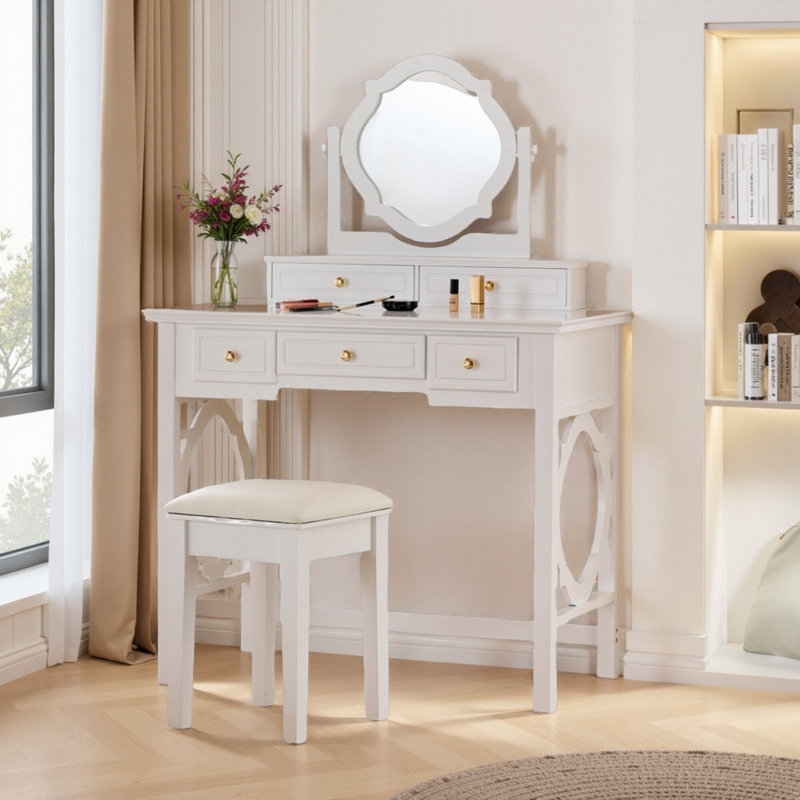Compact Makeup Vanity Set with Reversible Mirror & Stool - 5-Drawer Dressing Table, Space-Saving Beauty Station for Small Spaces