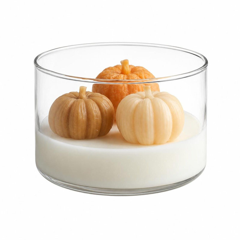 Bougies miniatures de 10 cm (4 pouces) parfumées à la pomme et à la citrouille, marron, orange et blanche, dans un pot en verre transparent