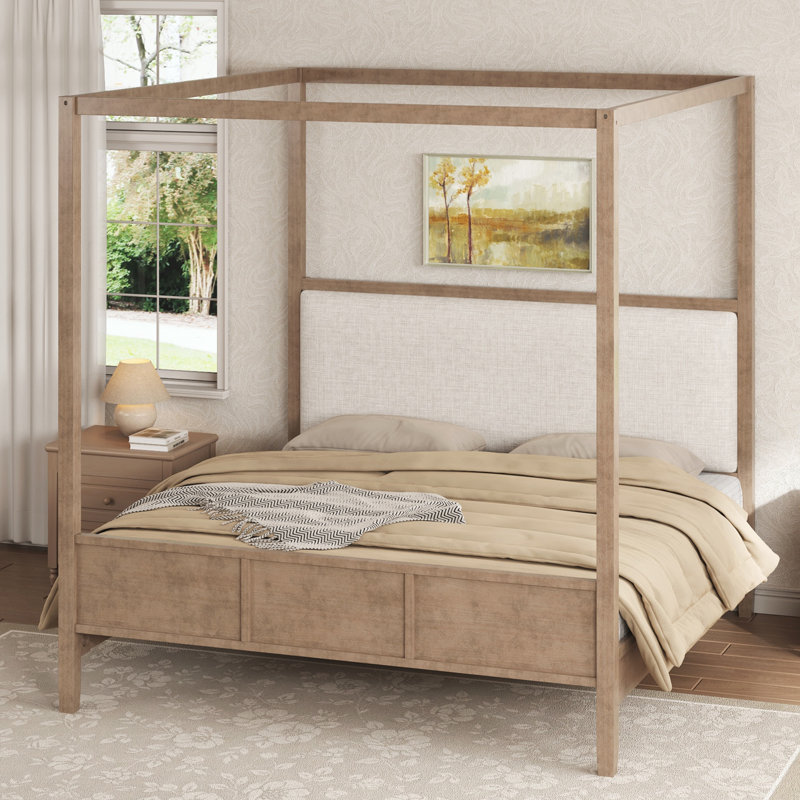 Grand lit plateforme à baldaquin en bois avec tête de lit tapissier, Queen, Natural Walnut