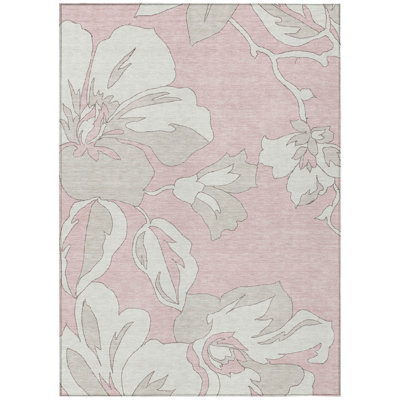10' X 14' Pink Ivory And Beige Floral Washable Indoor Outdoor Area Rug