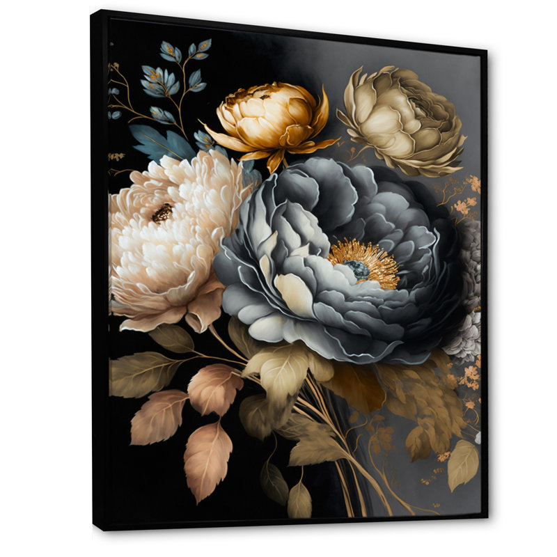 Bouquet de fleurs bleues III - Bouquet d'art mural pour le salon, L 30 po x H 40 po, Cadre flottant noir