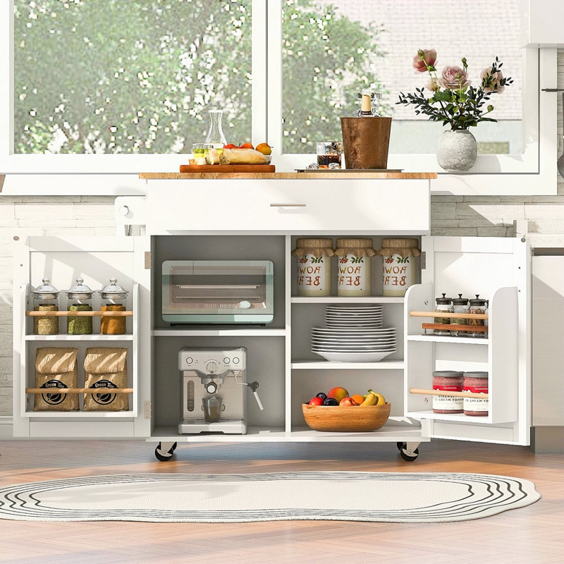 Îlot de cuisine roulant avec rangement, chariot de cuisine avec plateau en bois d'hévéa, tiroir spacieux avec cloison et support de rangement interne, îlot de cuisine sur roulettes avec support de tour réglable
