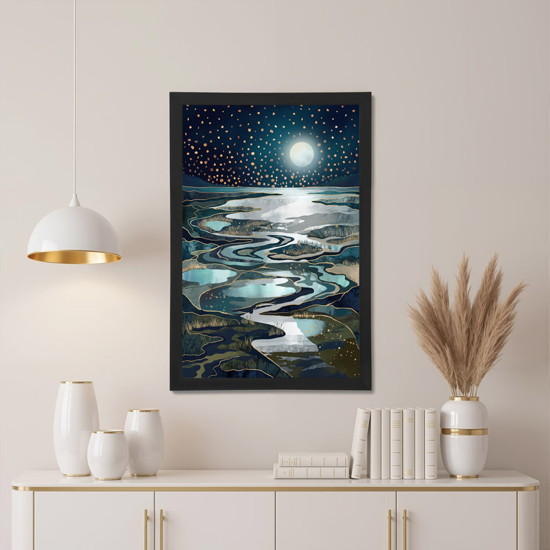 «Winding River Under Moonlit Starry Sky», art mural sur toile dorée, H 24 po x l 16 po