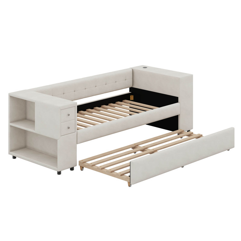 Lit simple tapissier avec rangement et lit gigogne simple, ports de chargement USB, Beige
