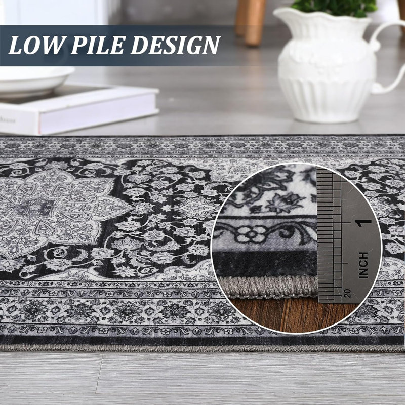 Vintage Washable Area Rug, Floral Medallion, Soft Accent Carpet for Living Room, Bedroom, Entryway, Non-Slip, Low-Pile,  (Brown)