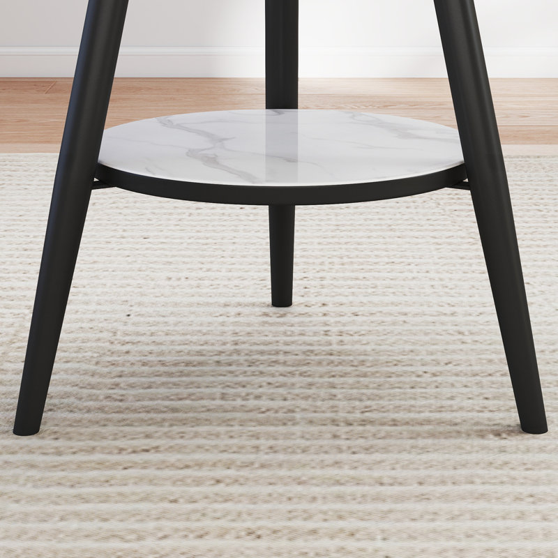 2-Person Round Dining Table Set, 3-Leg Bistro Table with Storage Shelf, Nappa Leather Chairs