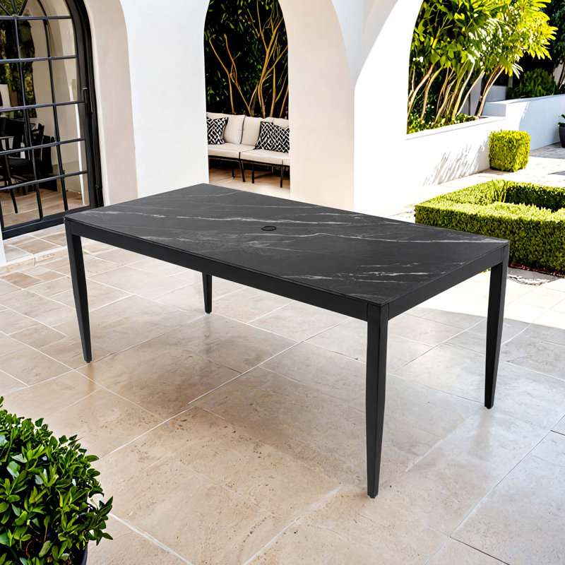 35.5"x71" Modern Outdoor Patio Dining Table, Aluminum Frame With Greek Marble-inspired Sintered Stone Top, Ember Black Finish, Post Tapered Legs, Seats Six, Weatherproof & Rust-resistant