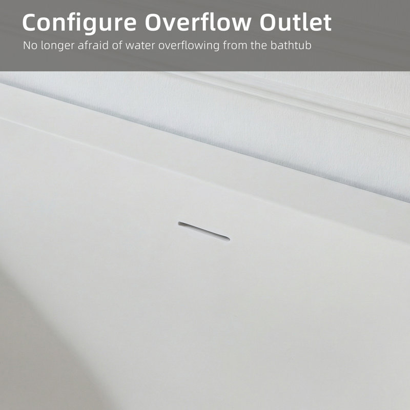 59" Rectangular Back To Wall Freestanding Soaking Solid Surface Bathtub, Matte White Stone Resin Bath Tub With Overflow & Pop-up Drain For Bathroom
