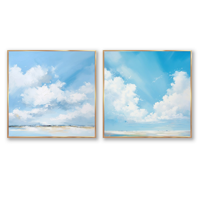 Minimaliste horizon nuage dérive - formes abstraites carrées collage ensemble de 2, Cadre flottant doré, H 36 po x l 73 po