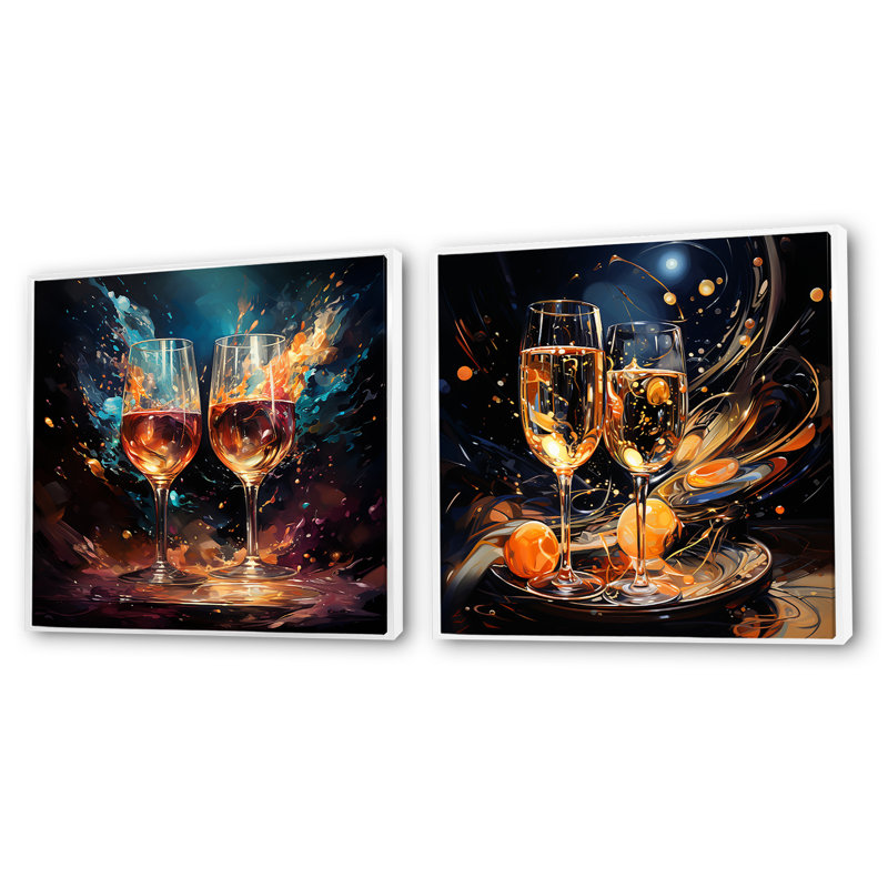 Joyful Bubbles - Ensemble de 2 collages carrés vin et champagne, Cadre flottant blanc, H 16 po x l 33 po
