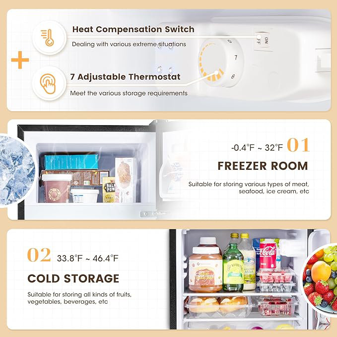 Manastin 3.5 Cu.Ft Mini Fridge With Freezer, Adjustable Thermostat, Low Noise, Removable Glass Shelves, 2 Door Small Refrigerator For Kitchen, Office, Bedroom