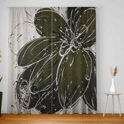 Green Flower Blackout Window Curtain Pair - Home Decor
