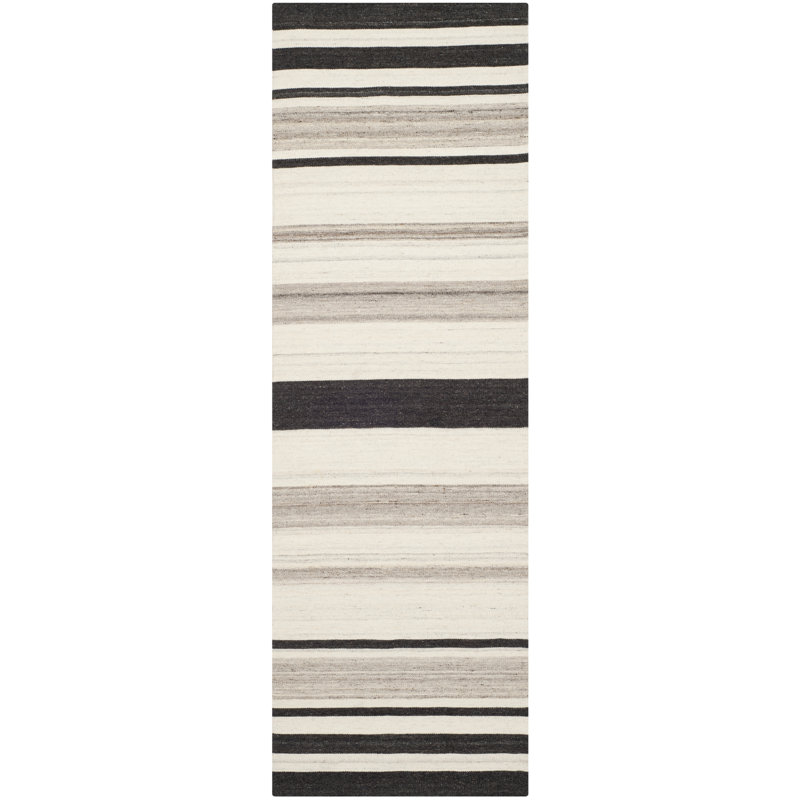 Emek Hand Woven Flat Weave H. S. Wool/Cotton Striped Rug in Black/Tan, Runner 2'6" x 8'