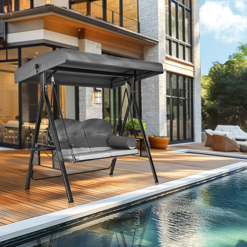 Gray Iron 2-Person Cushioned Patio Swing with Adjustable Canopy