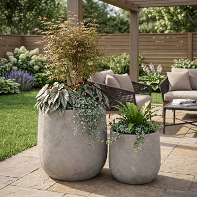 Round Concrete Planter Set of 2, 17"/13" Large Handmade Magnesium Oxide Flower Pots with Drainage Holes, Weather Resistant Cylinder Garden Planters for Outdoor Patio Deck, Indoor Living Room, Gray Sand