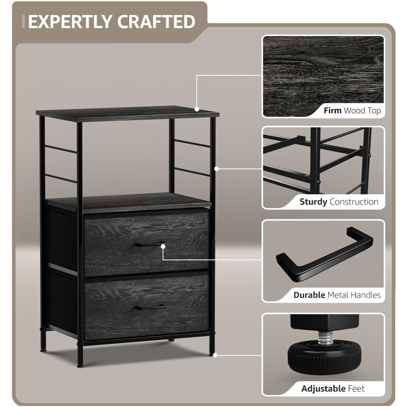 Sorbus 2 Drawers and Shelves Nightstand with Steel Frame, Wood Top & Fabric Bins in Rustic - Black, Black