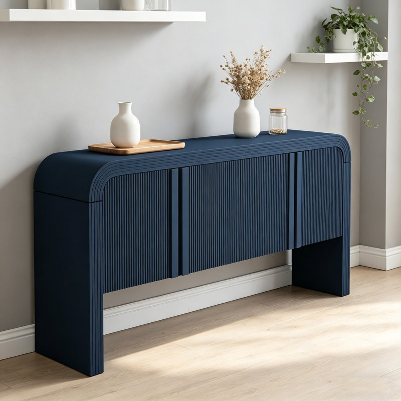 Rustic 62.2'' Wave-Pattern Console Table With 4 Doors & Adjustable Shelf, Narrow Sofa/Entryway Table, Navy Blue