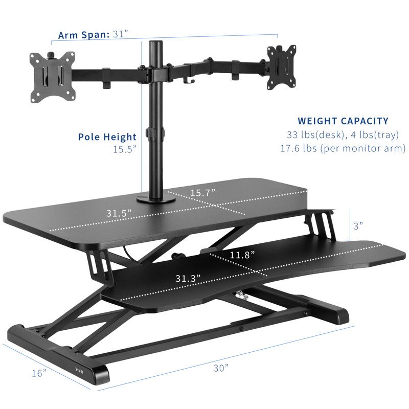 Black Adjustable Standing Desk Converter with Dual Monitor Mount