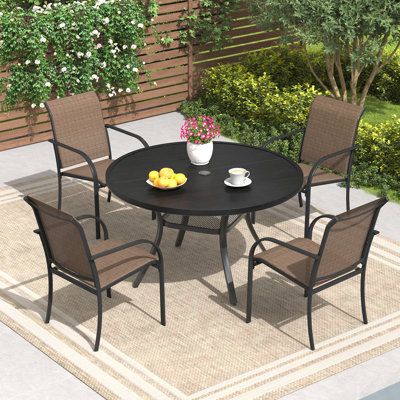 4-Person Round Patio Dining Set with Faux Wood Plastic Dining Table and Stackable Textilene Armrest Chairs