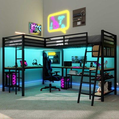 Metal Twin L-Shaped Loft Bed with LED, Storage Shelves, 2 Desks & 2 Charging Stations, Black