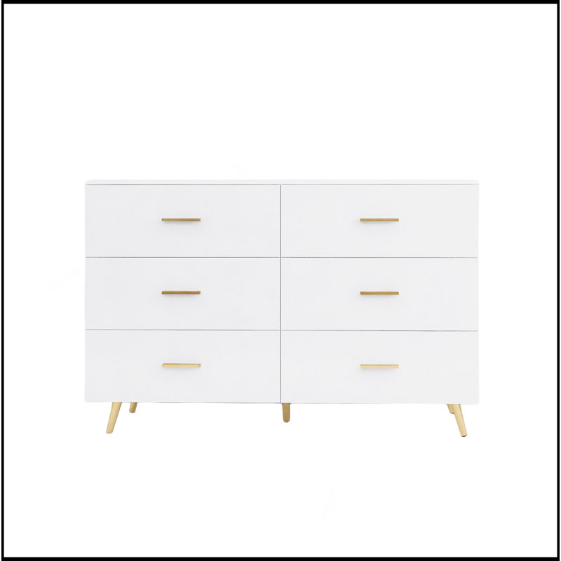 Commode élégante et fonctionnelle à 6 tiroirs avec surface brillante, poignées et pieds dorés