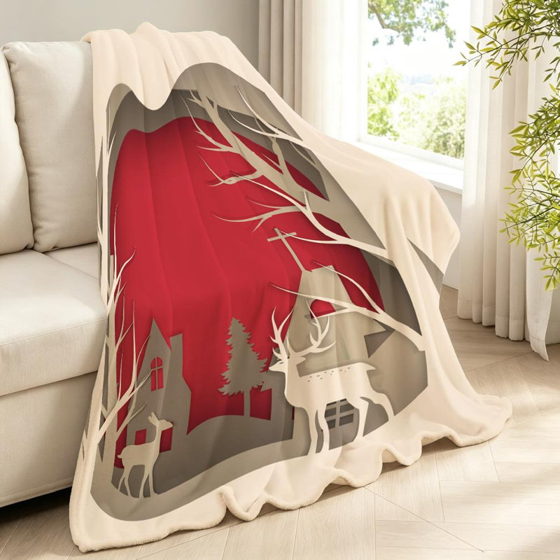 Jeté en molleton orange flanelle ultra doux, renne de forêt avec imprimé recto de sapin, Throw 40" x 50"