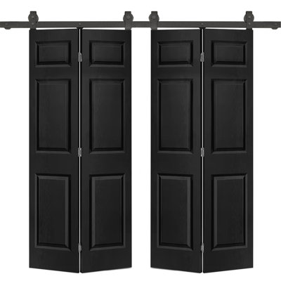 Porte de grange double à 6 panneaux et panneau de fibres à densité moyenne peintes en noir 48 po x 80 po avec quincaillerie coulissante