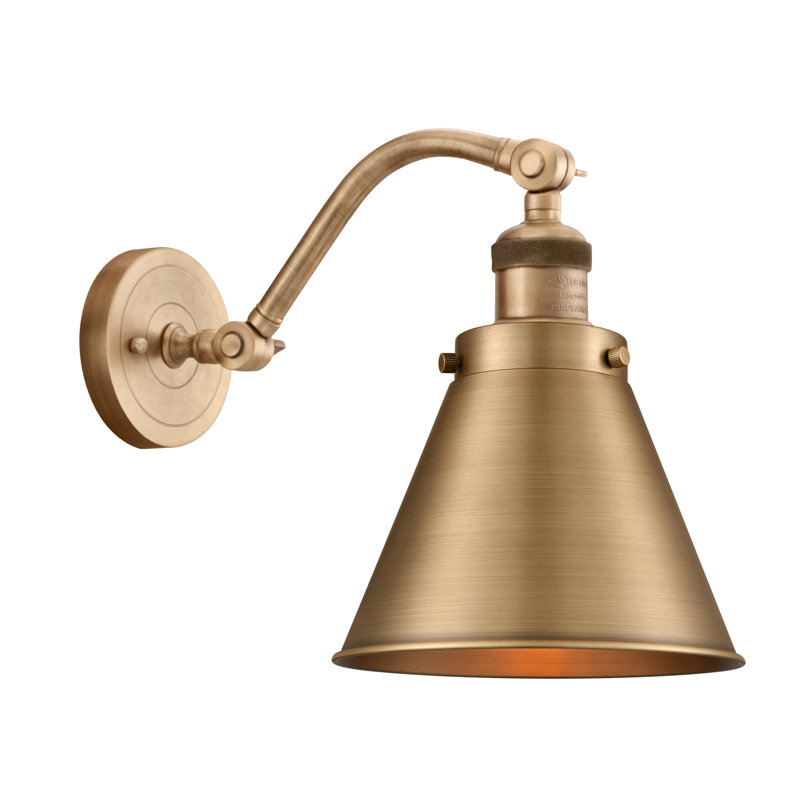 Donovan 1 - Light Dimmable Armed Sconce, Brushed Brass, Brushed Brass, 6 Watt Vinage LED Bulb