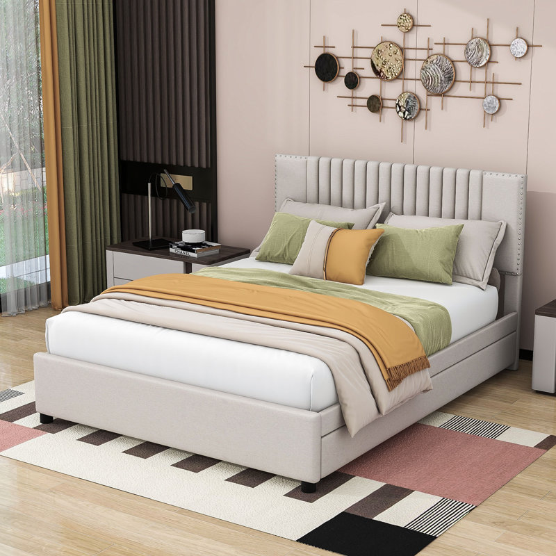 Lit plateforme avec rangement Lafonya, Grand, Beige
