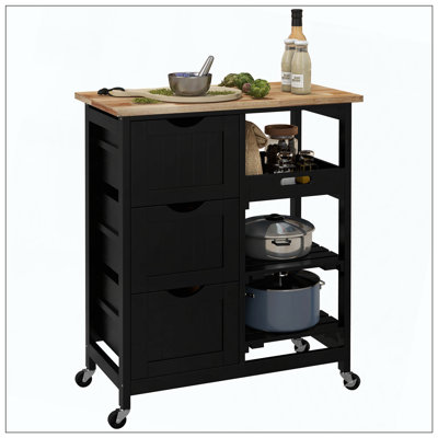 Rolling Kitchen Island Cart, Bar Serving Cart, Compact Trolley on Wheels with Wood Top, Shelves & Drawers for Home Dining Area