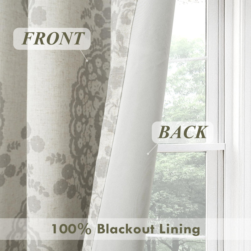 Linen 100% Blackout Curtains Gray Damask Linen Look Thermal Insulated Grommet Curtains