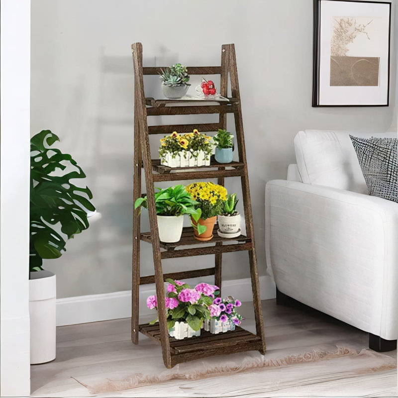 Sawyerville 4 Tier Free Standing Ladder Shelf Wooden Plant Stand