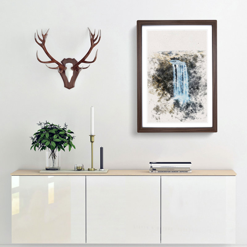 Skogafoss Waterfall Iceland - Picture Frame Painting Print, 87cm H x 62cm W x 2cm D, Walnut Framed