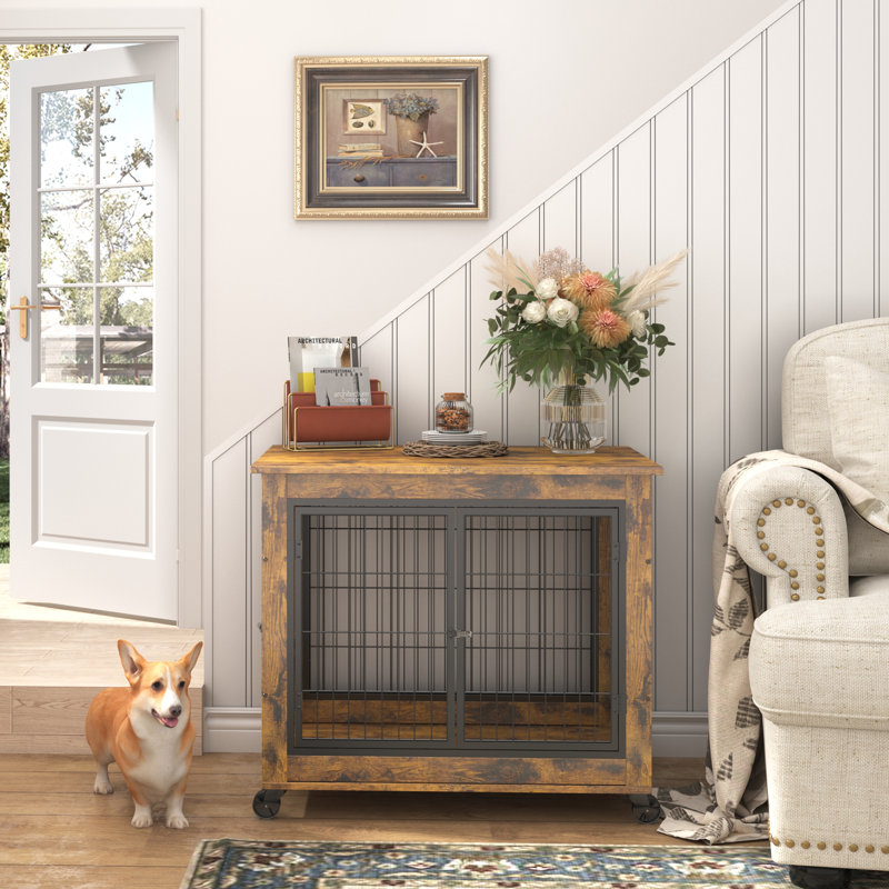 Stylish Pet Crate Side Table With Multiple Access Options And Mobility Feature