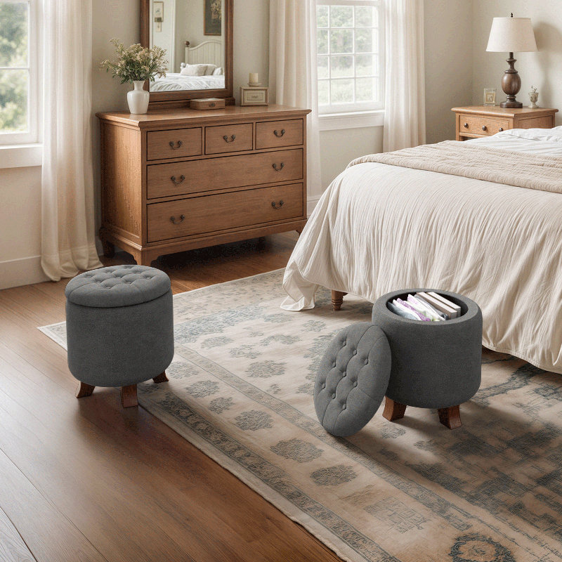 Storage Ottoman With Padded Seat, Modern Cotton-Linen Footrest, Round Stool For Living Room Bedroom, Lava Gray