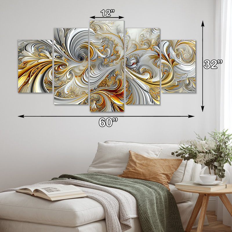 «Whirling River Dynamics Gold and White I - Abstract Spirals», art mural sur toile 5 pièces, H 32 po x l 60 po
