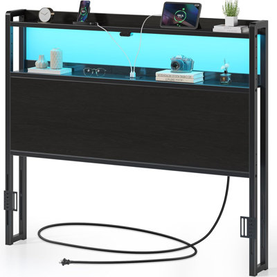 Berte Storage Upholstered Headboard With RGB LED Lights & Charging Station