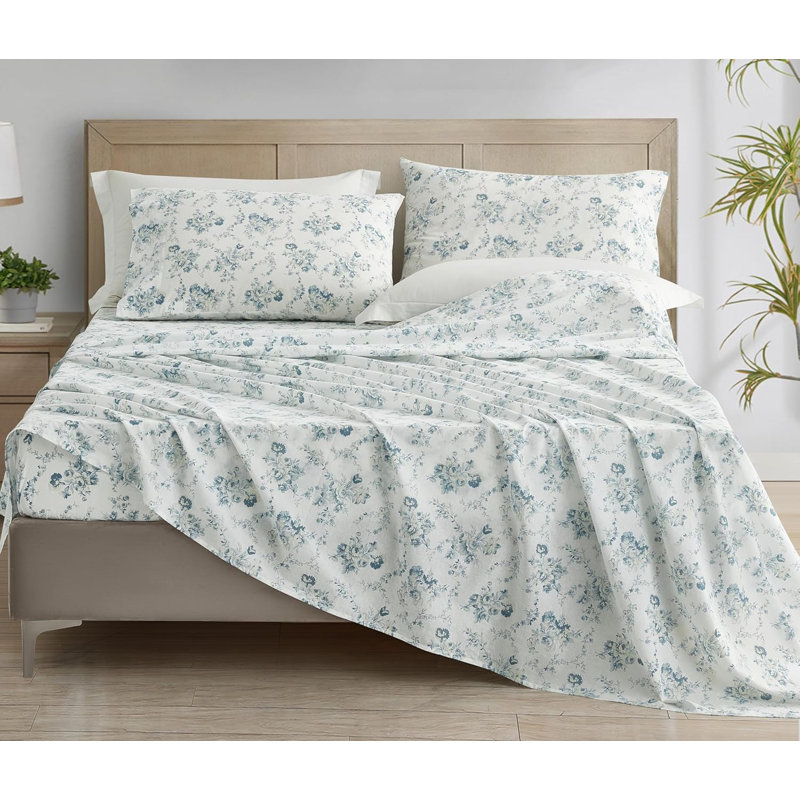 Gigi Elegant Floral Printed Cotton Bed Sheet Set, King Sheet Set with 2 King Pillowcases