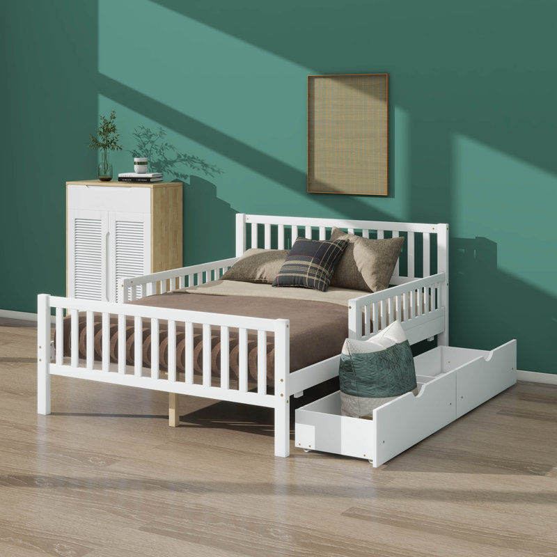 Lit plateforme double en bois avec garde-corps double et double compartiment de rangement, Double, Blanc