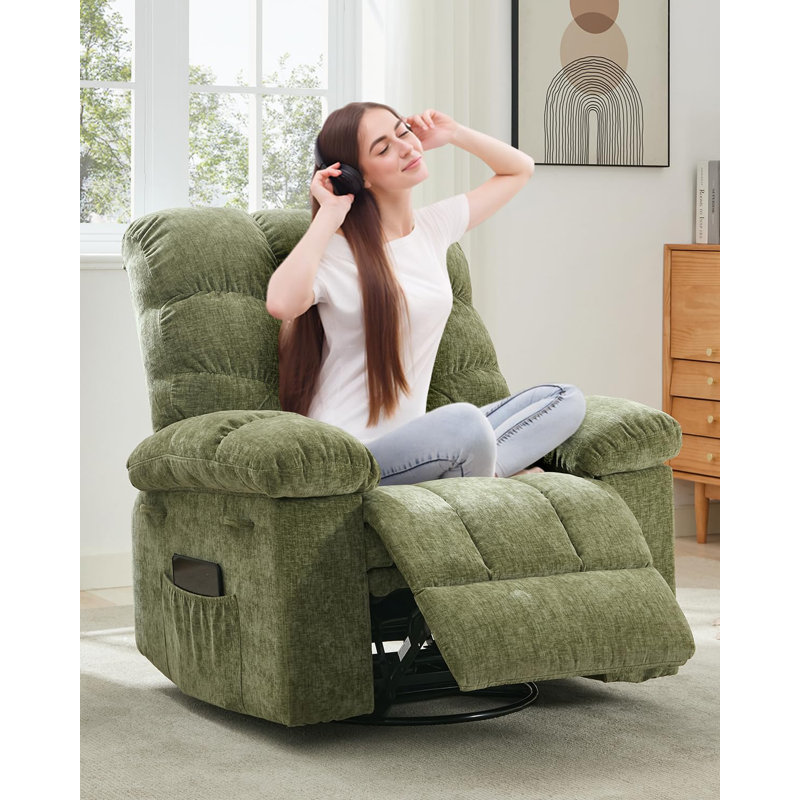 360° Swivel Recliner Rocker Chair for Living Room & Nursery - Space-Saving Chenille Upholstery, Durable Q235 Steel Frame, Side Pockets, 300 lbs Capacity - Green