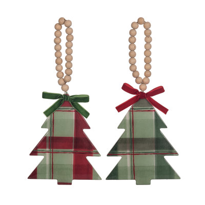 MDF/Polyester Holiday Plaid Tree Ornament Set of 2 - Festive Red Wood Christmas Tree Ornaments for Indoor Use - Perfect for Holiday Decoration, Gift Giving, and Hostess Gifts - Celebrate the Season!