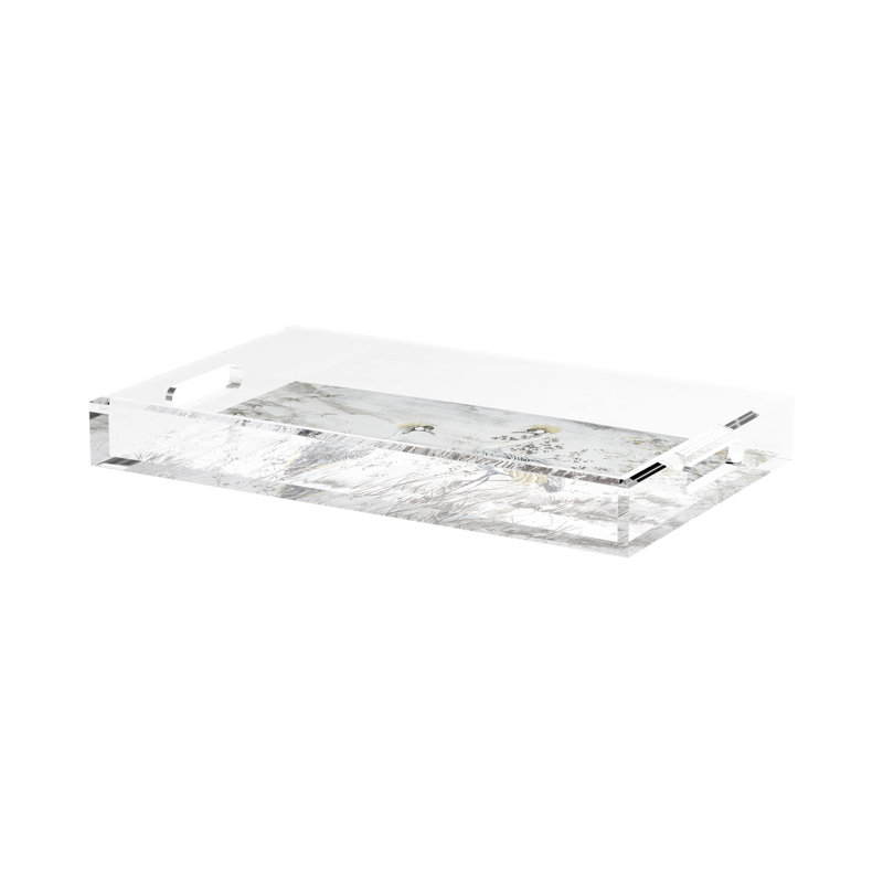 Crested Crane Silver Gold Acrylic Rectangle Decorative Tray, 17"W x 10.5"D x 2"H