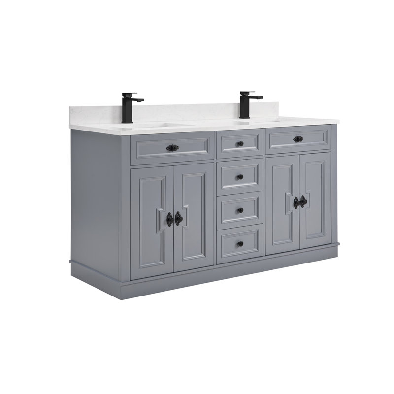 60" Solid Wood Sink Vanity With 1" Artificial Stone Top, Cadet, Black