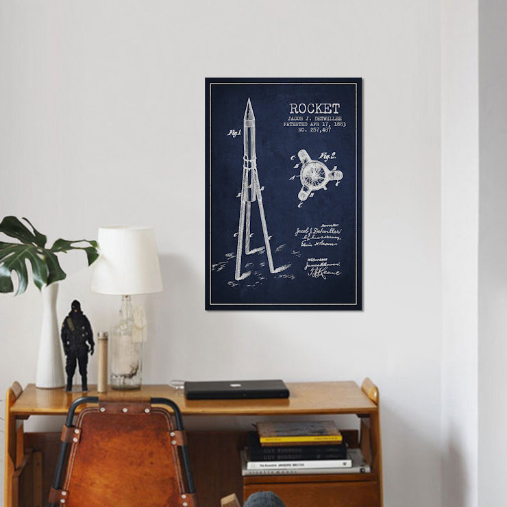 « jacob j. detwillee rocket, croquis brevet », reproduction d’impression sur toile en bleu marine, Pas de tapis, Toile tendue