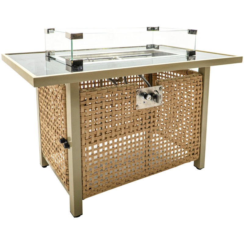 60000 Propane Fire Pit Table With Blue Stones, 43" Rectangular Open Weave For Patio Deck Garden Backyard - Orange & Mustard Yellow Table, , Glass Wind Guard,