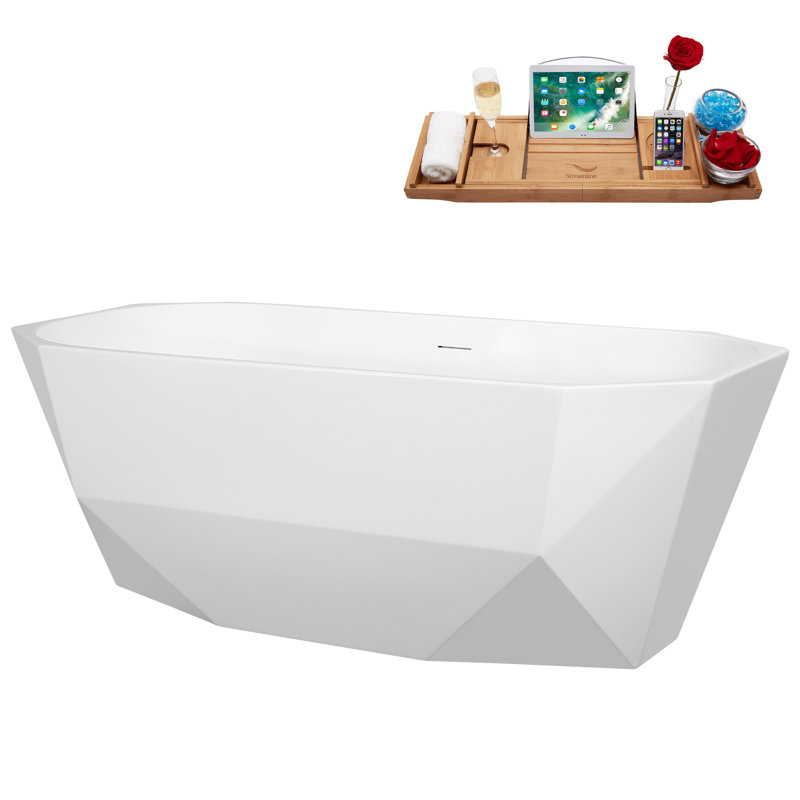 63" Streamline Soaking Glossy White Acrylic Freestanding Bathtub, Bamboo Tray, Drain, Brushed Brass
