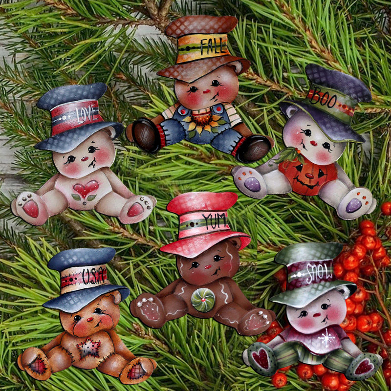 Ensemble de 6 ornements décoratifs en bois à pince Big Hat Brigade par J. Mills-Price